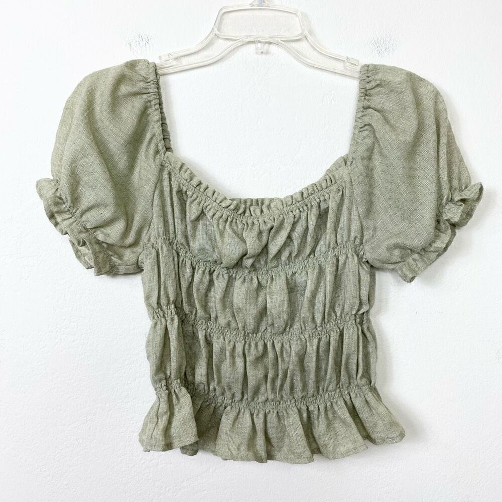 Favlux Green Ruched Milkmaid Puff Sleeve Cropped Blouse Shirt Size M